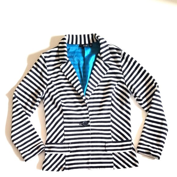 Pre-owned A.N.A Stripe White-Black Medium Tall Long Sleeve One Buttoned Blazer - Picture 1 of 10